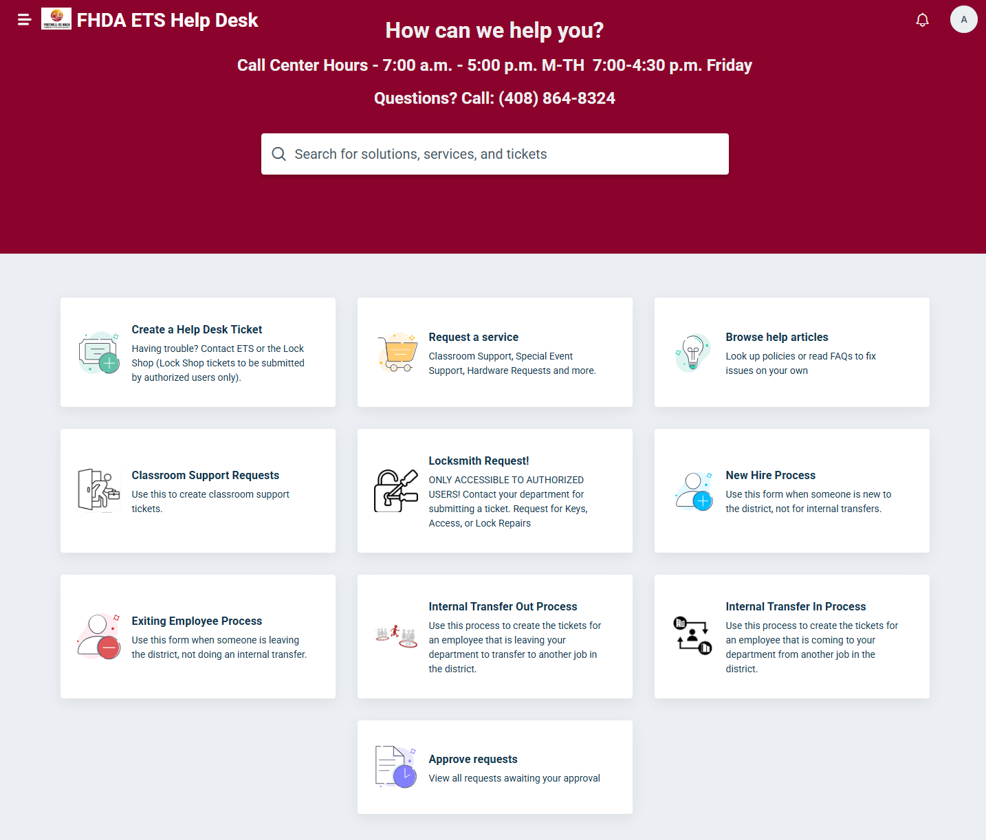 Screenshot of the Foothill-De Anza Community College District helpdesk home page, with a search bar reading 'Search for solutions, services and tickets' and a Login button in the top right corner.
