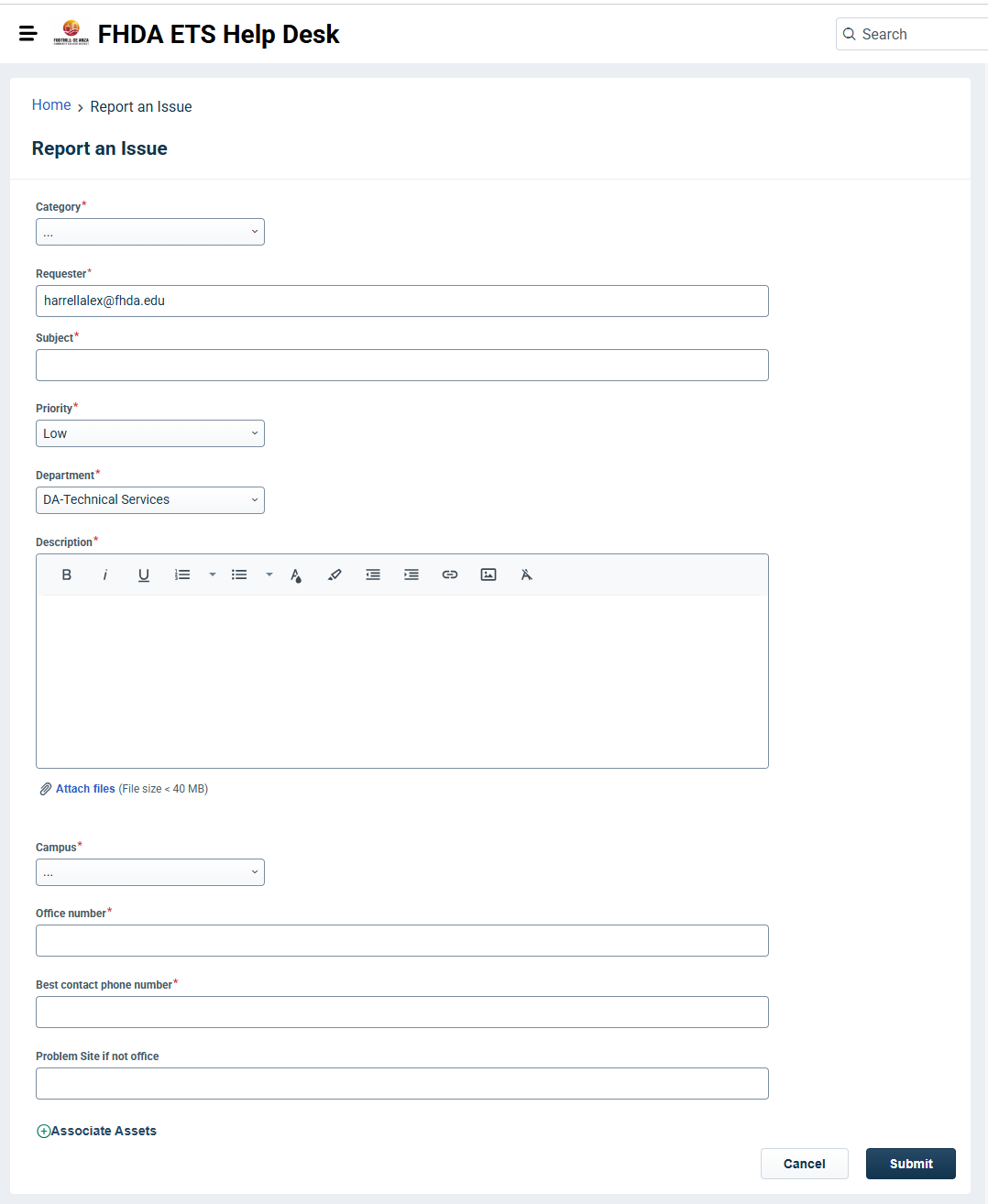 Screenshot of the 'Report an Issue' form with fields for Issue related to, Requester, Subject, Priority, Category, Campus, Office number, Problem Site if not office, and Best contact phone number.