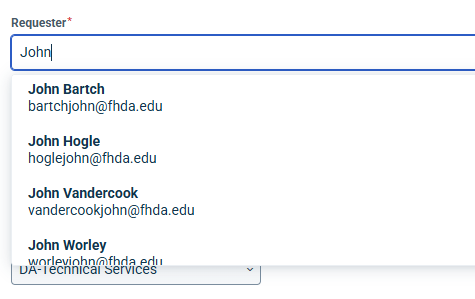 Screenshot of the Requester field with 'hernan' typed into it, showing a drop-down list of matching District personnel including , John Bartch, John Hogle, John Vandercook and John Worley.