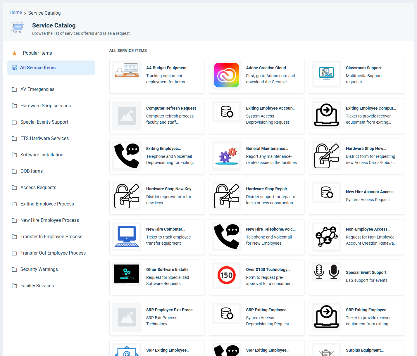 Screenshot of the Service Catalog page showing categories on the left and service items on the right including Adobe Creative Cloud, Apple iMac, Classroom Support Requests, Keyboard, Microsoft Office, and Monitor.